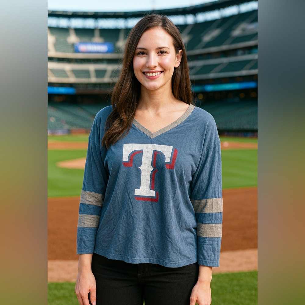 ‘47 Brand Texas Rangers MLB Blue long sleeve‎ V-Neck Women’s Tshirt size large